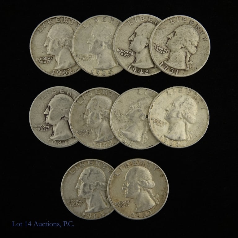 USA 90%-Silver Washington 25c (ASW 1.8 Ozt.),10: Ten (10) United States 90%-silver Washington quarters. Lot actual silver weight estimate is 1.8 troy ounces. *** Lot 14 Auctions is not a professional numismatic grading agency. Consigner