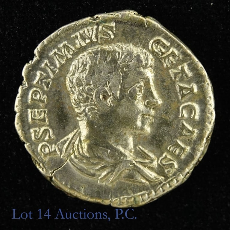 (208 AD) Roman Emp. Geta Silver Denarius (VF*): (198-209 AD) Roman Co-Emperor Geta silver denarius (Rome Mint) in Distinctive Coins Downers Grove, IL holder. Struck between 205 and 208 AD, obverse depicts a bare head and draped bust of Geta .