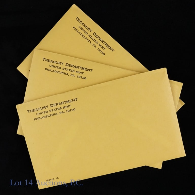 1964 (P) USA Silver 5-Coin Proof Set SEALED OGP, 3: Three (3) 1964 United States silver 5-coin proof set (Philadelphia Mint) IN SEALED OGP. Half dollar, quarter and dime metal is 90% silver. Mintage is 3,950,762. Original packaging means five coins