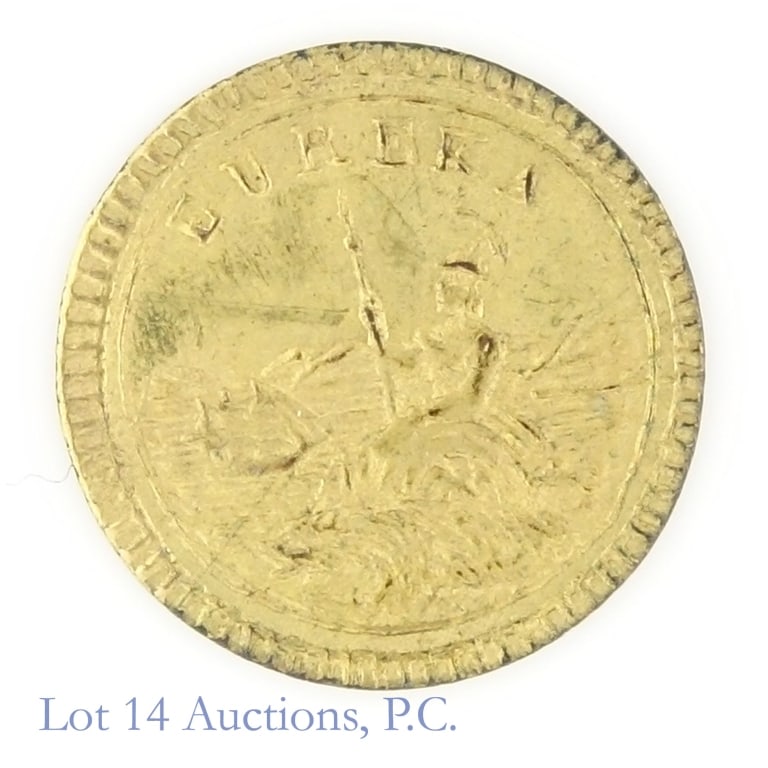 1884 Gold California Eureka 50 Cent Token: 1884 round California "eureka" 50 cent size California gold token. Obverse: Eureka with "arms of California" figure. Reverse: lettering "California 1884 charm". Per consigner, has subdued mirror