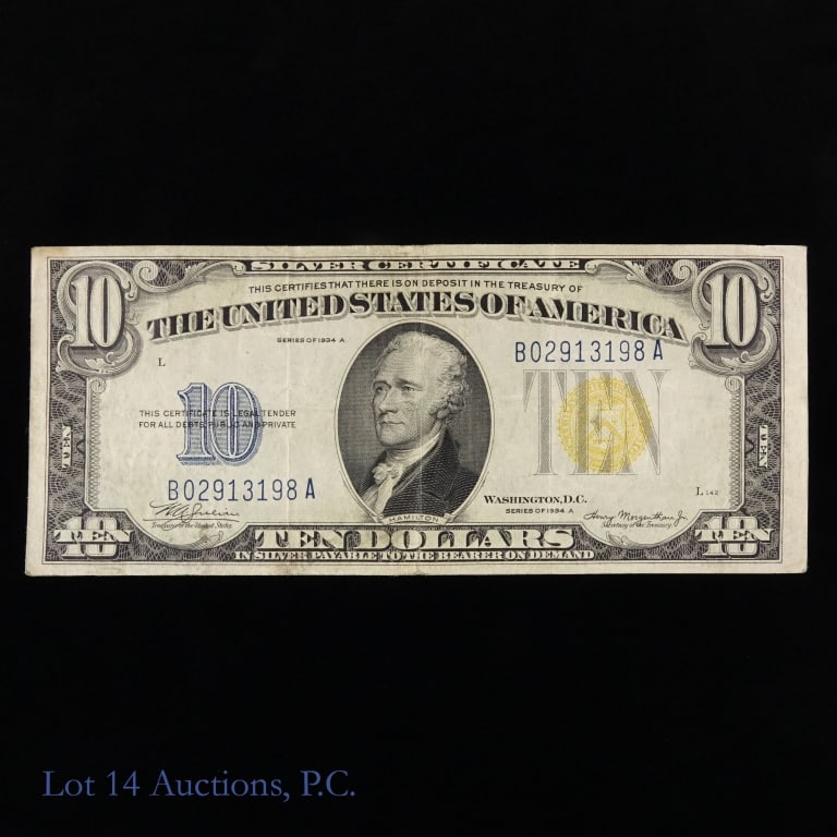 1934-A US $10 Silv Cert Yellow Seal WW2 N Africa: (F-2309) 1934-A United States $10 Federal Reserve note yellow seal, (for use during World War II in North Africa) S/N B-02913198-A. Per Arthur and Ira Friedberg "Guide Book of United States Paper Mone