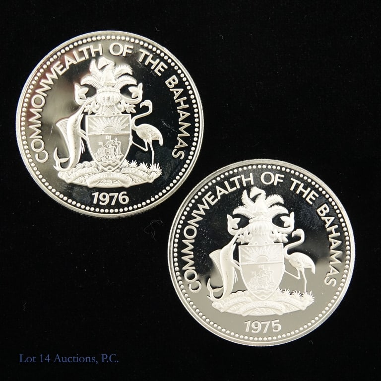 1975 & 1976 Bahamas 92.5% Silver $2 (GEM BU*), 2: 1975 and 1976 Bahamas silver two dollar coins (Franklin Mint). Obverse: the Bahamas national arms. Reverse: national bird - two flamingos. * Per consigner, both in GEM BU condition. Metal is 92.5% sil