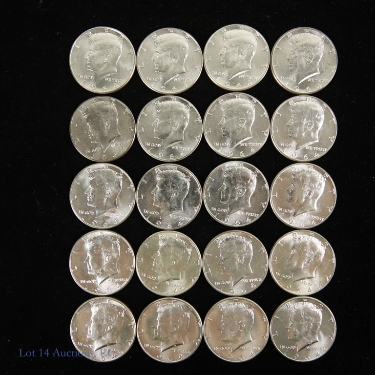 1964 US 90%-Silver Kennedy Half Dollars (20): Twenty (20) 1964 United States 90%-silver Kennedy half dollars. Per consigner in proof condition. *** Lot 14 Auctions is not a professional numismatic grading agency. Consigner information is provided