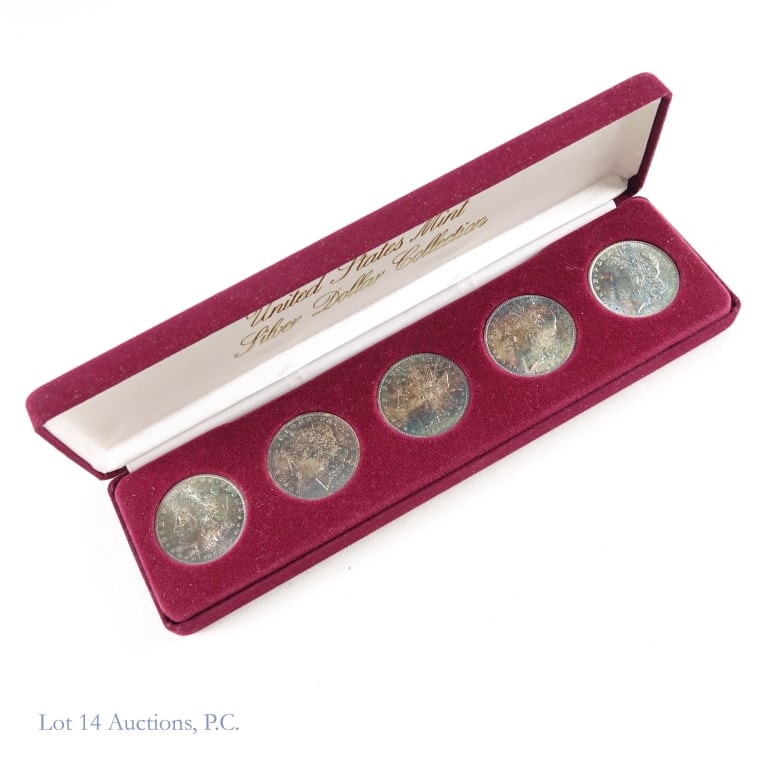 1883 - 1889 USA 90%-Silver Morgan Dollar Set (5): Five (5) United States silver Morgan dollars (Philadelphia, New Orleans Mints). Per consigner, in AU+ condition with toning on obverse and bright uncirculated appearance on reverse. Metal is 90% silve