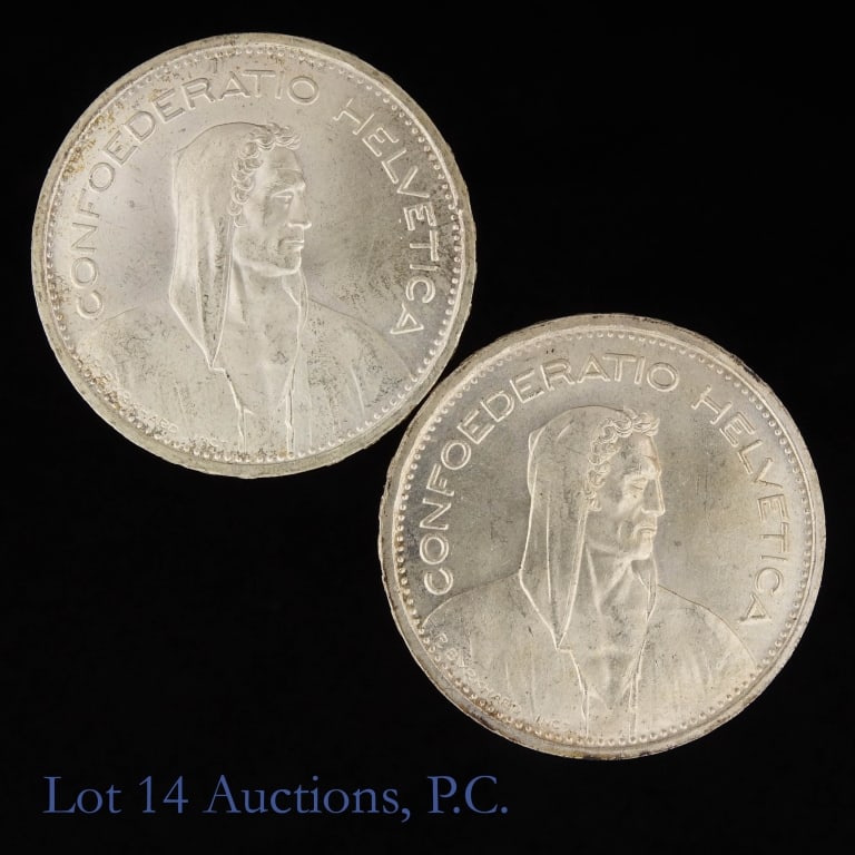 1953 & 1954 Swiss 83% Silver 5 Franc *GEM BU, 2: 1953-B and 1954-B Swiss silver 5 franc (Bern Mint). Engraved by Paul Burkhard. *Per consigner, both in gem BU condition. Metal 83.5% silver and weighs 15.0 grams each (ASW .4027 ozt.). Edge