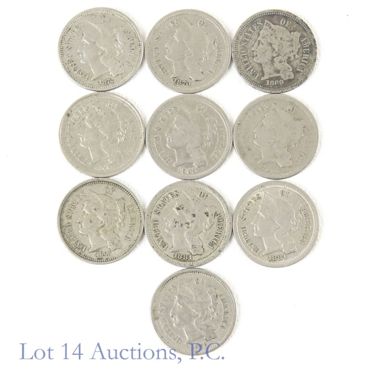 1865 - 1881 US Nickel 3-Cent Pieces (10): Ten (10) United States nickel three-cent pieces (Philadelphia Mint) with PCGS survival estimates (SE) as follows: ---1865 3c with SE of 50,000 (R-2.5) (2); ---1866 3c with SE of 20,000 (R-2.8)