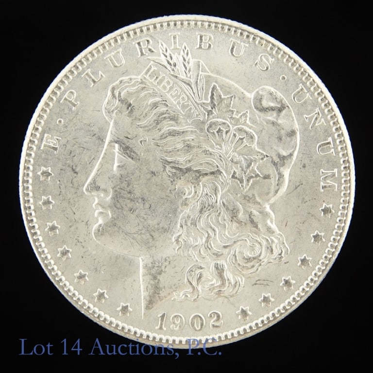 *1902-O US Silver Morgan Dollar (CH BU*): 1902-O United States silver Morgan dollar (New Orleans Mint). Designer is George T. Morgan. * Per consigner, in CH BU condition. Metal is 90% silver and weighs 26.73 grams. Mintage is 8,636,000. Per G