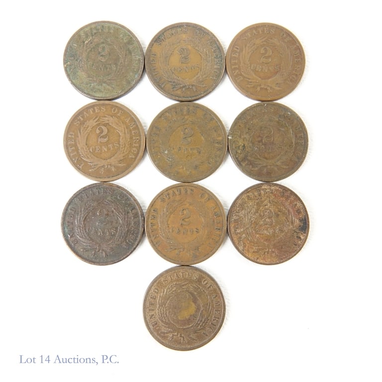 1865 - 1871 USA Copper 2-Cent Pieces (10): Ten (10) United States copper two cent pieces (Philadelphia Mint) with PCGS survival estimates (SE) as follows: 1865 with SE of 10,000 (R-3.0) (4); ---1866 with SE of 5,000 (R-4.0); ---1867 with SE of