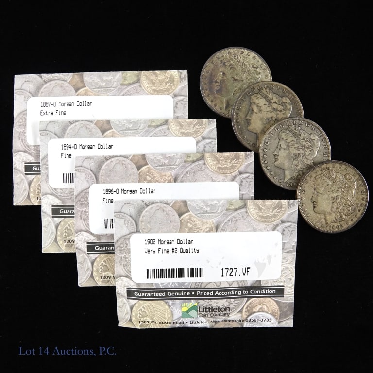 1887o, '94o, '96o & 1902p US Silver Morgan $1, 4: Four (4) United States 90%-silver Morgan dollars (Philadelphia, New Orleans Mints) graded by Littleton Coin Company and in their holders. Details as follows: ---1887-O in EF condition (mintage 11,550,