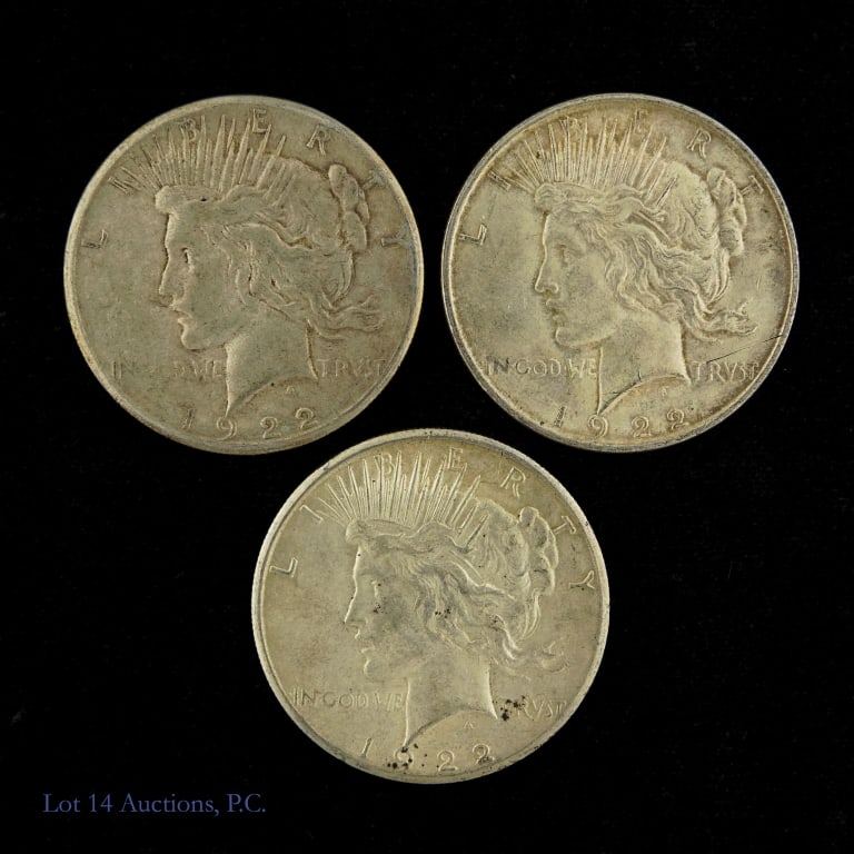 1922 P, D, S US Silver Peace Dollars (3): Three (3) 1922 P, D & S United States 90%-silver peace dollars (Philadelphia, Denver, San Francisco Mints). Silver content confirmed on Lot 14 Auctions electronic metal verifier and lot weighs 79.93 g