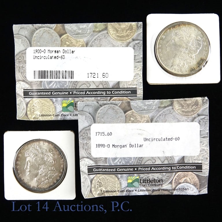 1899o & 1900o US Silver Morgan $1 (Unc.*), 2: Two (2) United States 90%-silver Morgan dollars (New Orleans Mint) * graded by Littleton Coin Company and in their holders. Details as follows: ---1898-O in unc.-60 condition with toning around