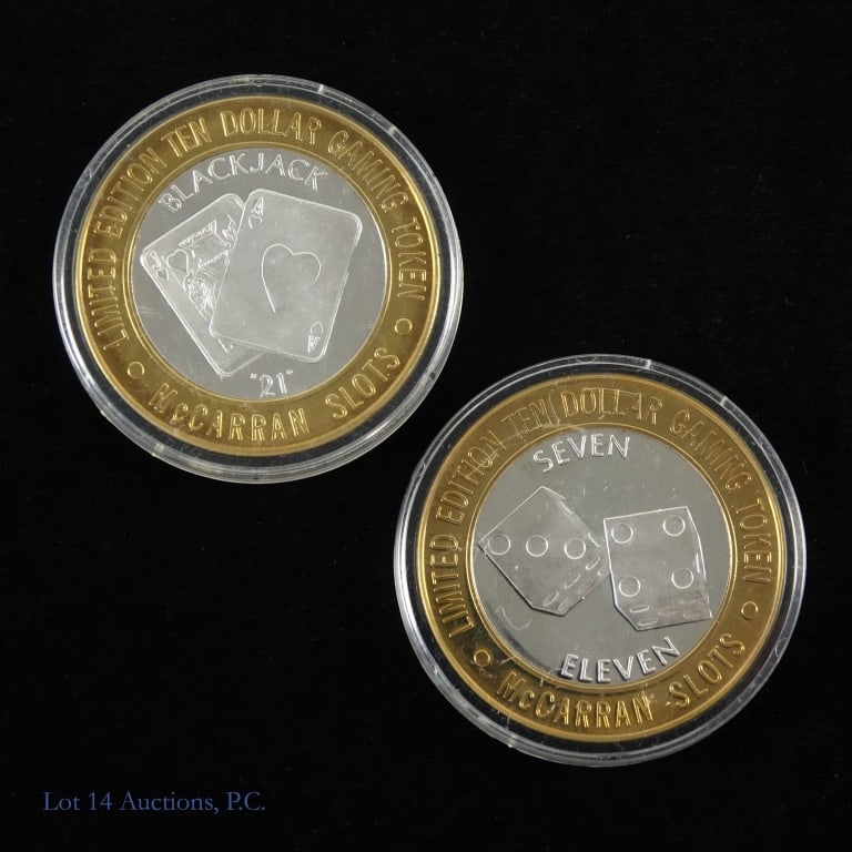 USA 99.9% Silver $10 Las Vegas Gaming Tokens, 2: Two (2) United States 99.9% silver $10 McCarran Airport gaming tokens (with estimated ASW of 1.22 ozt,) as follows: ---$10 silver black jack "21" token; and ---$10 silver seven eleven dice