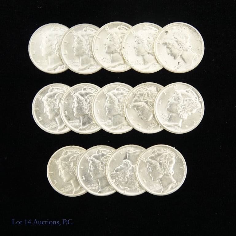 USA 90%-Silver Mercury Dimes (BU - CH BU*), 14: Fourteen (14) United States 90%-silver mercury dimes (Philadelphia, Denver Mints). (ASW is 1.0 Ozt.). * Per consigner, in BU to very CH BU condition. Dates and quantities as follows: ---1941 (p); ---1