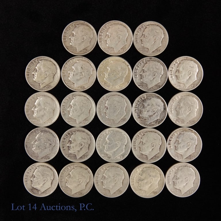 USA 90%-Silver Roosevelt 10c ASW 1.6 Ozt. (23): Twenty-three (23) United States 90%-silver Roosevelt dimes. Estimated ASW is 1.6 troy ounces. *** Lot 14 Auctions is not a professional numismatic grading agency. Consigner descriptions are