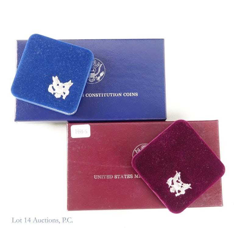 1987s & 1988s USA 90%-Silver Comm. $1 in OGP (2): Two (2) United States 90%-silver commemorative dollars (San Francisco Mint) in OGP. Metal is 90% silver with lot's estimated actual silver weight of 1.5 troy ounces. Details as follows: ---1987-S silv