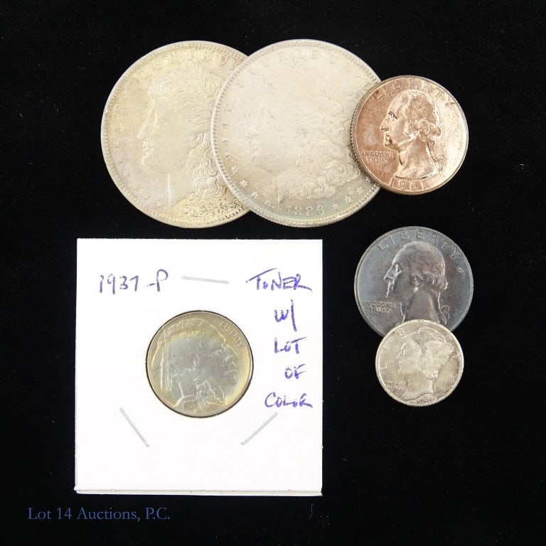 Various USA Toned Coins (ASW 1.9 Ozt.), 6: Six (6) United States toned coins, amazing eclectic lot of "toners" with 1.9 ozt. of silver: ---1886 (P) silver Morgan dollar (CH unc w/light toning); ---1921 (P) silver Morgan dollar (lightly toned);