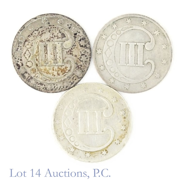 1852 - 1853 USA 75%-Silver 3 Cent Pieces (3): Three (3) United states 75% silver three-cent pieces (Philadelphia Mont) with PCGS survival estimates (SE) as follows: ---1852 silver 3c with SE of 35,000 (R-2.6); and ---1853 silver 3c with SE