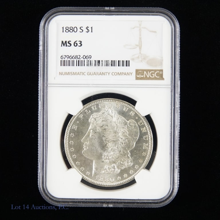 1880-S US Silver Morgan Dollar (NGC MS63): 1880-S United States silver Morgan dollar (San Francisco Mint). PCGS graded MS 63. *** Lot 14 Auctions is not a professional numismatic grading agency. Consigner information is provided as a courtesy