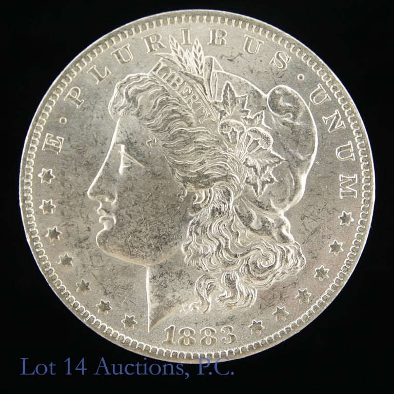 1883-O USA 90%-Silver Morgan Dollar (BU*): 1883-O United States silver Morgan dollar (New Orleans Mint). Designer is George T. Morgan. * Per consigner, with good luster in BU condition. Metal is 90% silver and weighs 26.73 grams. Mintage is 8,