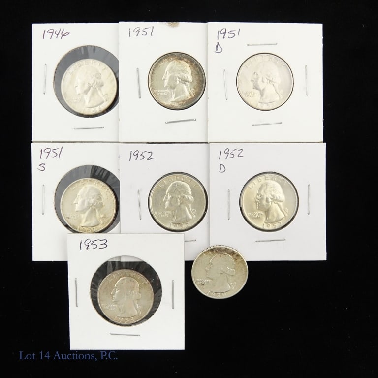 USA 90%-Silver Washington Quarters (AU - BU*), 8: Eight (8) United States 90%-silver Washington quarters. * Per consigner, with original mint luster and in AU+ to BU condition as follows: ---1939 (P), ---1946 (P), ---1951 (P), ---1951-D, ---1951-S, -
