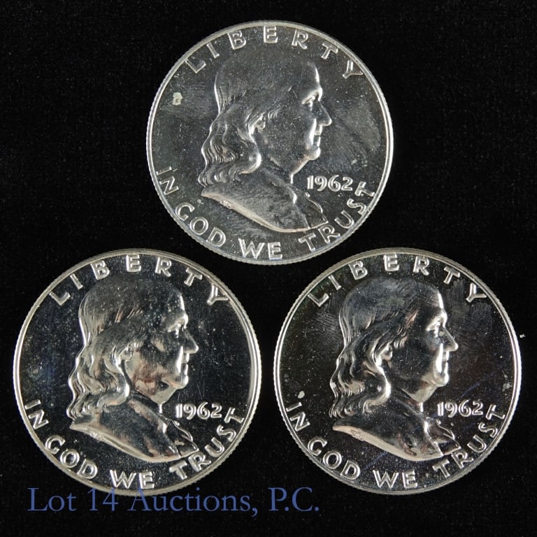 1962 US 90% Silver Proof Franklin 50c (3): Three (3) 1962 United States silver proof Franklin Half dollars (Philadelphia Mint). Designer is John R. Sinnock. Metal is 90% silver, weighs 12.5 grams, and actual precious metal weight is 0.3617 ozt