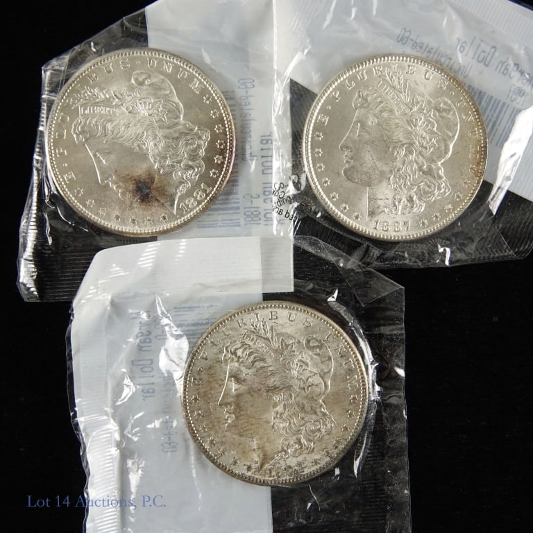 1881s, 1887p & 1902o US Silver Morgan $1 (Unc*), 3: Three (3) United States 90%-silver Morgan dollars (Philadelphia, San Francisco, New Orleans Mints) * graded uncirculated 60 by Littleton Coin Company and in their holders. Details as follows: