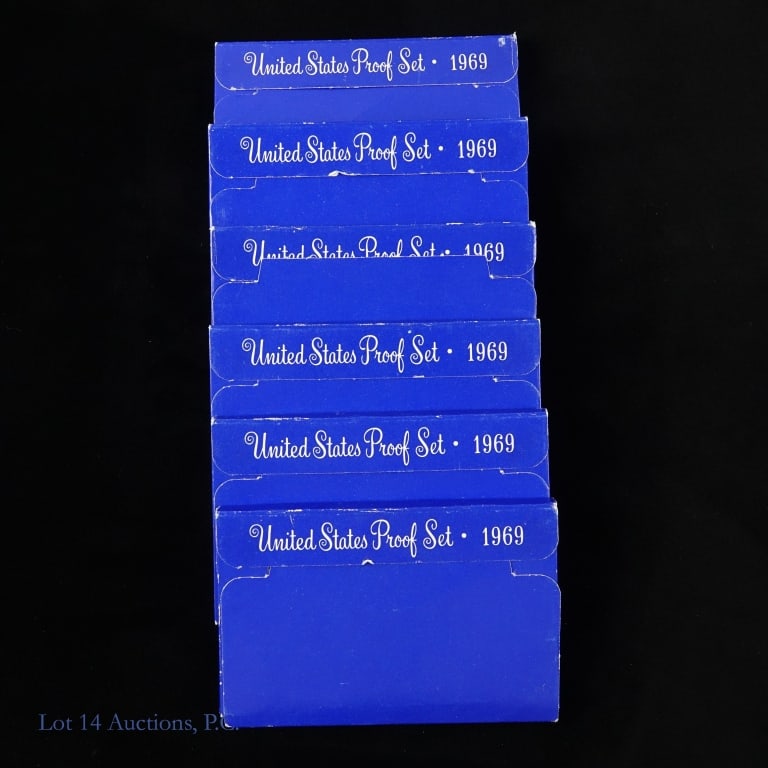 1969-S US Silver 5-Coin Proof Sets in OGP (6): Six (6) 1969 (S) United States 40%-silver proof 5-coin sets (San Francisco Mint) in blue OGP. Kennedy half dollar's metal is 40% silver. Mintage 2,934,631. Greysheet wholesale price guide per set in O