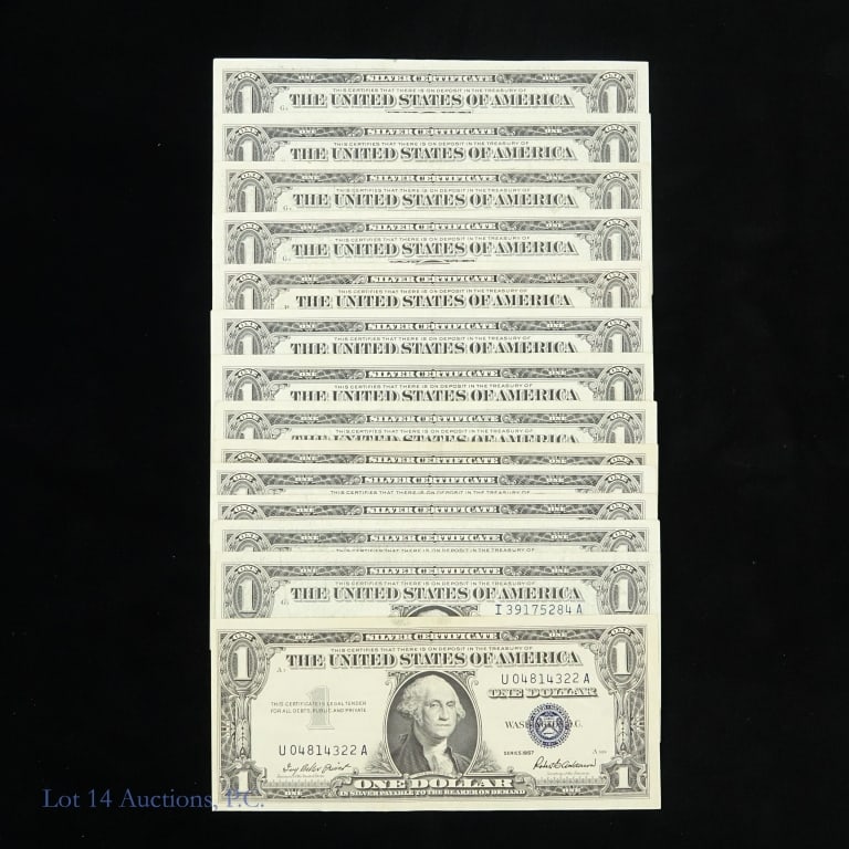 1935 - 1957 US $1 Silver Cert - Blue Seal (14): Fourteen (14) various United states $1 silver certificates - blue seal with consigner descriptions as follows: ---series 1935-G (XF-AU); ---series 1957 (AU); ---series 1957-A (XF+ AU) (5);