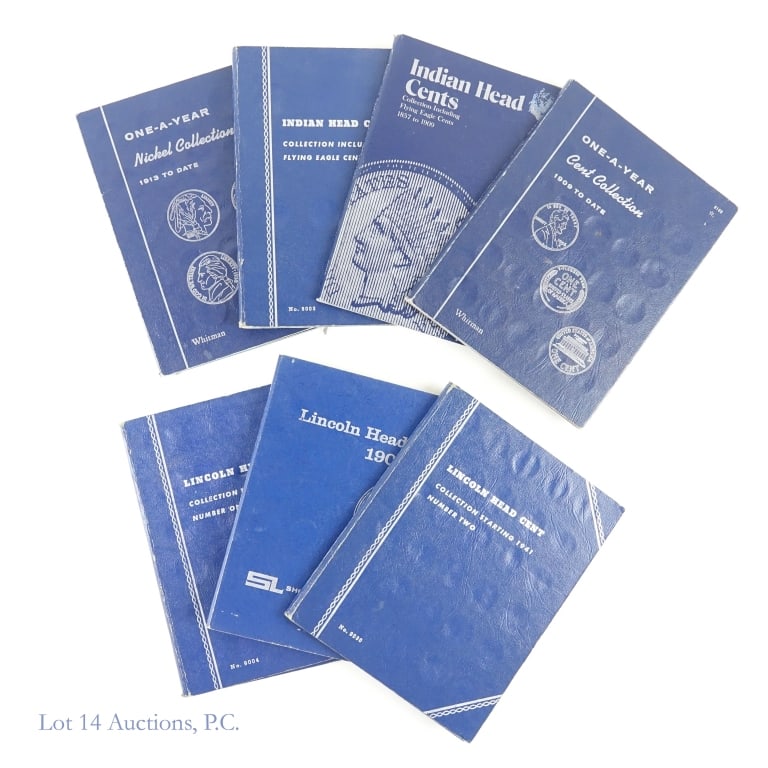 Various USA Nickels & Cent Coin Folders (7): Seven (7) various blue Whitman coin folders with estimated count of nickels 48, Indian head cents 31 and Lincoln wheat cents 164 as follows: ---buffalo (4 coins) and Jefferson (44 coins) nickels