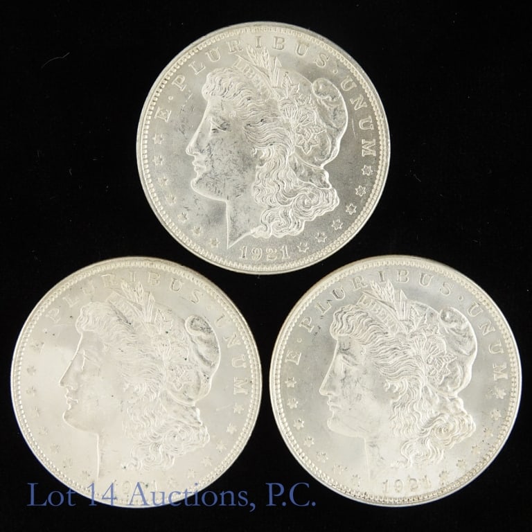 1921 (P) US Silver Morgan Dollar (BU to CH BU*) 3: Three (3) 1921 (P) United States silver Morgan dollars (Philadelphia Mint). Designer is George T. Morgan. * Per consigner, with good luster and in BU to CH BU condition. Metal is 90% silver and weighs