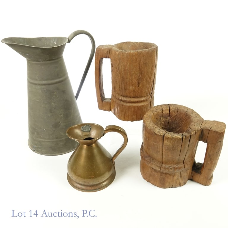Hand Carved Wood Mugs (2) + Metal Pitchers (2): From McGonigal's Pub in Barrington, IL. Two large hand carved wooden mugs - for decorative purposes only. The larger mug is 8.5" tall, the shorter is 7-1/8" tall. The larger one weighs 4.2