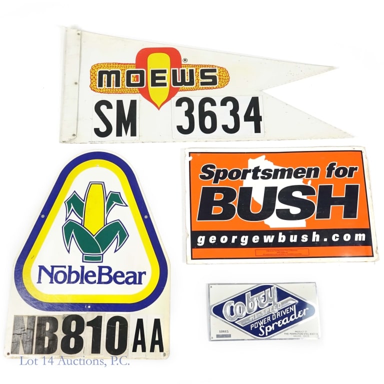 Moews Corn Sign & More: Moews banner-style double sided corn sign made of corrugated plastic. Approximately 35" x 15.25". Some staining and wear. ***** NobleBear double sided corn sign made of vinyl. Approximately