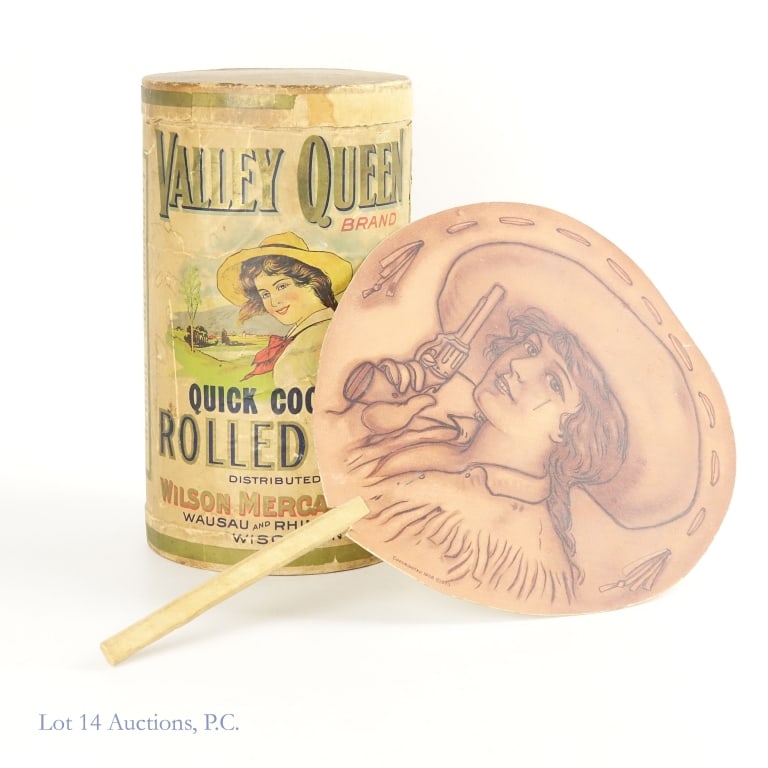 Vintage Advertisements - Valley Queen, Estes Bros: Two pieces of vintage advertising. The first is a 3lb capacity cylindrical container for Valley Queen Rolled Oats with a group of recipes inside, approximately 5.5 x 5.5 x 9.5". The other is a