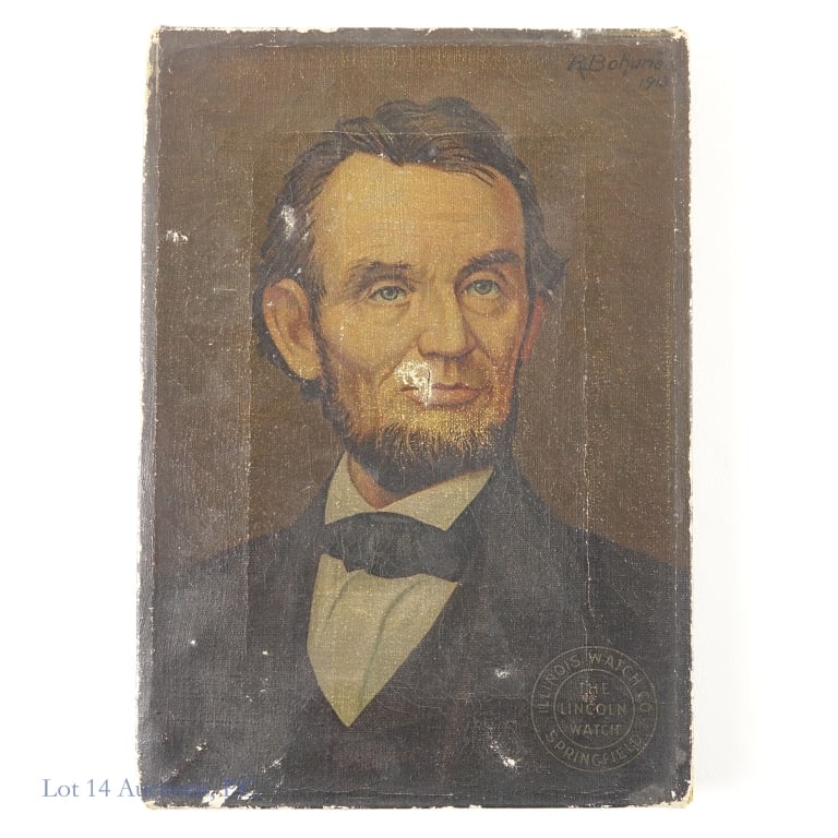 R Bohunek Abe Lincoln IL Watch Co Advertisement *: Color lithographic print on canvas of a portrait of Abraham Lincoln by artist R Bohunek done as an advertisement for the Illinois Watch Company's Lincoln Watch in the very early 20th century. *