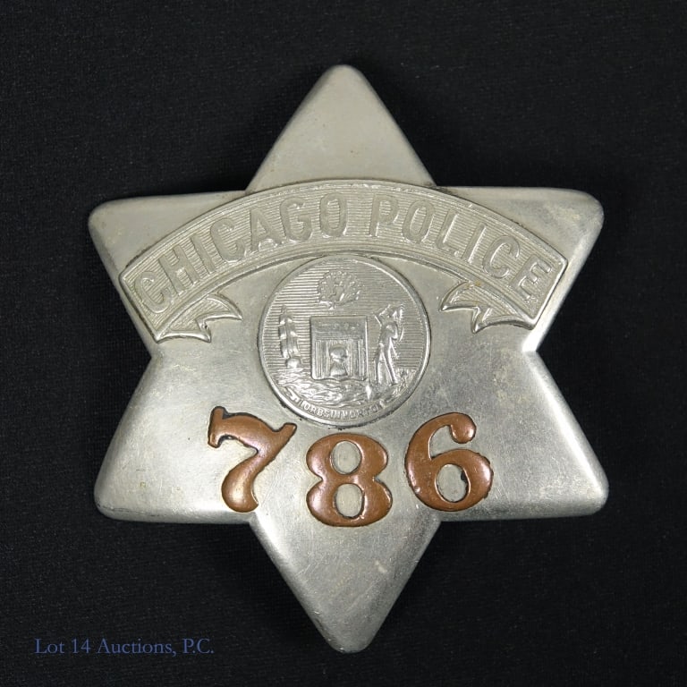 Chicago Police C. H. Hanson Badge #786 OBSOLETE: Obsolete Chicago Police C. H. Hanson pie plate badge #786. Good used condition. Pin back. Marked C. H. Hanson Chicago. Approximately 3.5" height and 3" width.