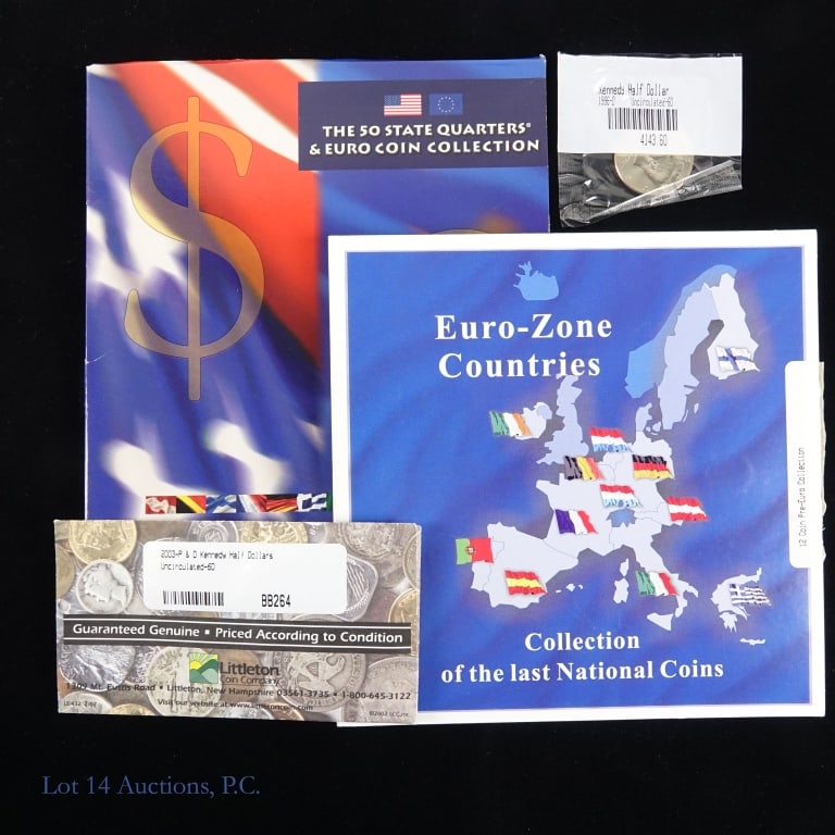 Various Europe and US Coins (32): Thirty-two (32) various Europe and United States coins as follows: ---Euro-Zone Countries Last Nations Coins collection in brilliant uncirculated condition with COA (12 coins); ---50-State