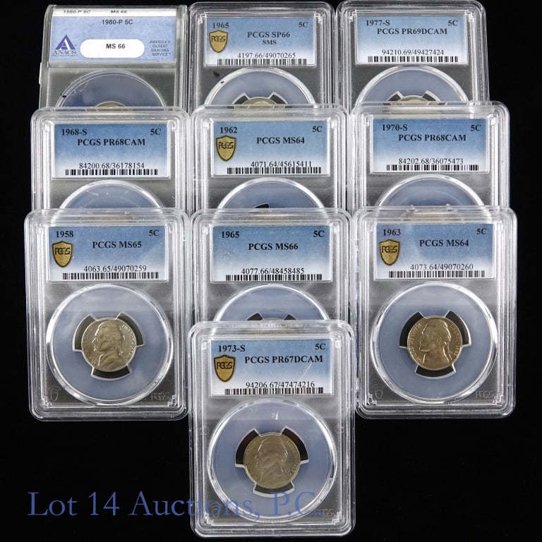 US Jefferson 5c PCGS & ANACS MS & Proof (10): Ten (10) United States PCGS and ANACS graded Jefferson nickels (Philadelphia, San Francisco Mints) as follows: ---1958 5c PCGS graded MS65 (value $10); ---1962 PCGS graded MS64 (value $10); ---1963 PC