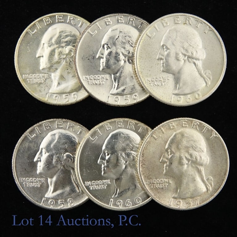 US 90% Silver Washington 25c (*BU - CH BU), 6: Six (6) United States 90%-silver Washington quarters (Philadelphia, Denver Mints). *Per consigner, all lustrous and totally original. Contains over one troy ounce of silver. Details and consigner