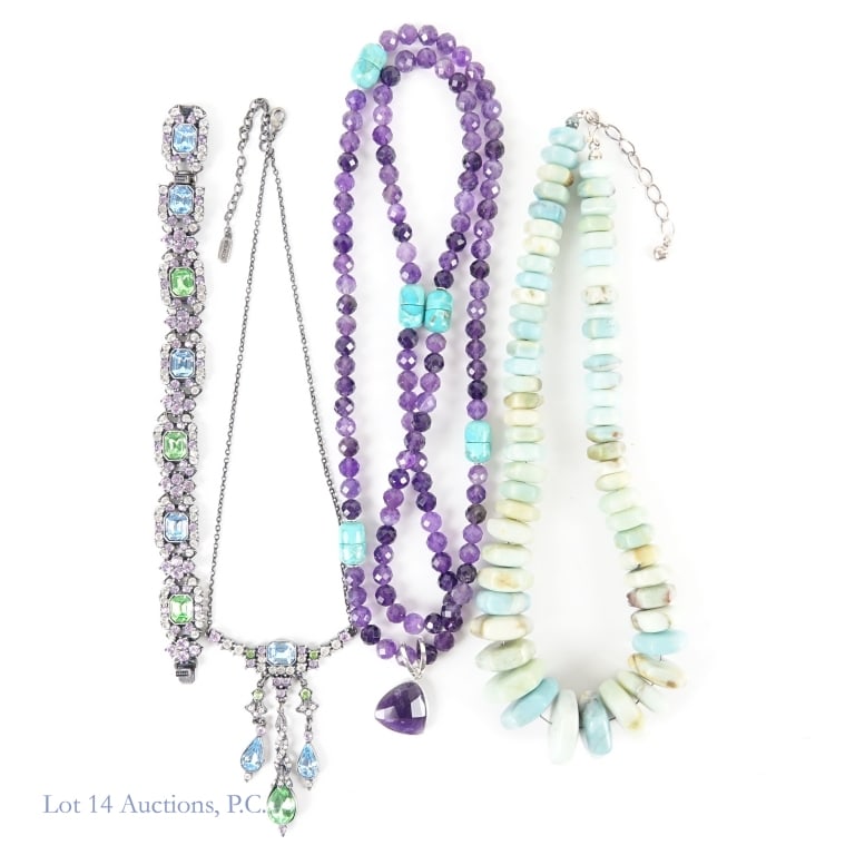 Jay King And Ben Amun Necklaces (3): Jay King amethyst, turquoise, and sterling silver necklace, approximately 39" long but can be made shorter as each turquoise link consists of two pieces held together by a magnet ** Jay King quartzite