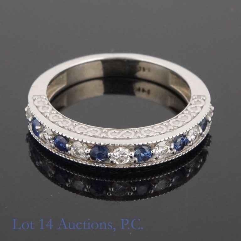 14k White Gold Sapphire & Diamonds Ring w/ ID: Size 6 band ring made with 14k white gold, decorated with sapphires and diamonds (0.30 cttw sapphires, 0.29 cttw diamonds). Total weight of ring is approximately 3.82g. Identification and