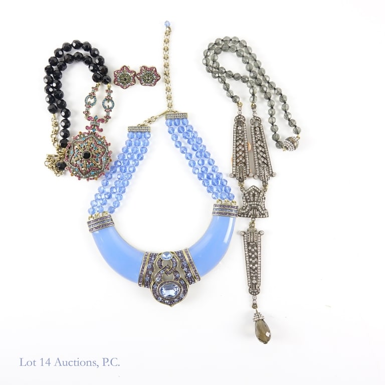 Heidi Daus Necklaces And Earrings (3 + 1): Three (3) Heidi Daus necklaces. Black necklace features locket pendant and matching earrings. Gray necklace is missing a stone. See photos for details and selection.