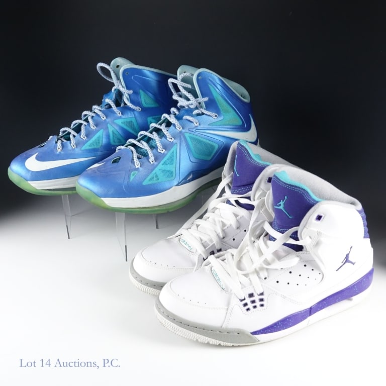 Jordan Shoes SC-1 Sz 11 & LeBron 10+ Sz 11.5: Nike Jordan SC-1 Grape sneakers, size 11 and Nike LeBron 10+ Sport Pack Blue Diamond basketball shoes, size 11.5. Both pairs include original laces and inserts. No visible tears or rips. 