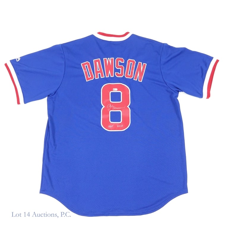 Cubs Andre Dawson Signed Jersey MLB Hologram: Size L Majestic pullover type jersey signed by Andre Dawson. Dawson signed across the number "8" on the back of the jersey with a silver Sharpie type pen. The signature has a hologram from MLB