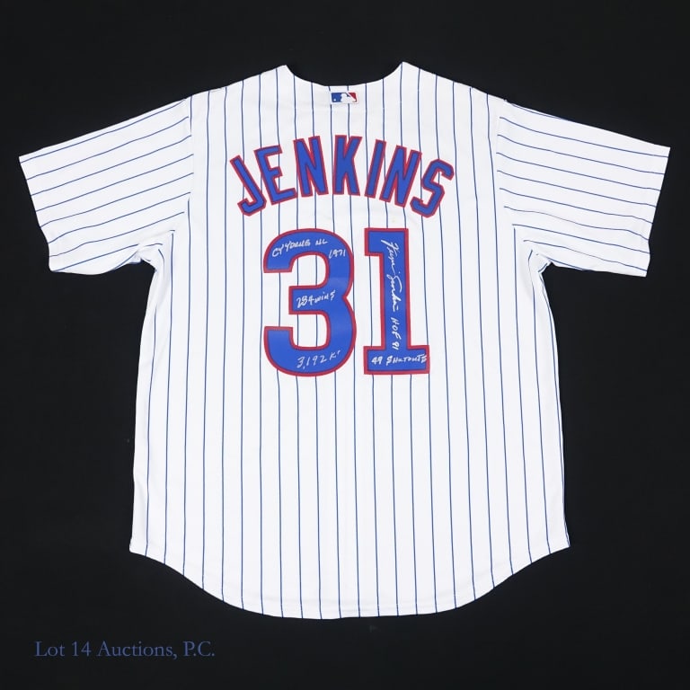 Fergie Jenkins Signed Jersey With Stats No COA: Size Large Majestic jersey signed by HOF member Fergie Jenkins. Jenkins used a silver Sharpie type pen to sign the back side of the jersey. He also added the following inscriptions "HOF 91",