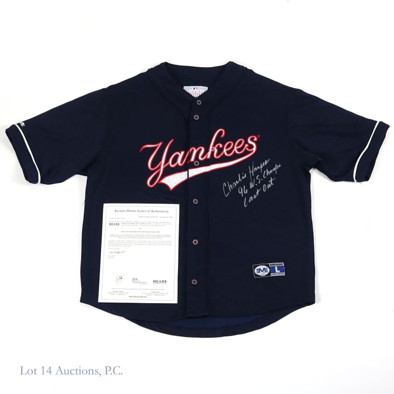 Yankees Charlies Hayes Last Out Sgd Jersey (SGC): Yankees size Large Mirage jersey signed on the front in silver marker by third baseman Charlie Hayes. Hayes added he inscription "96 WS Champs Last Out". Looking at the backside of the jersey
