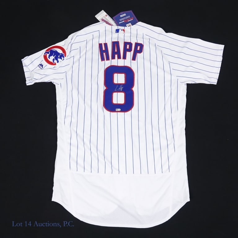 Ian Happ Signed Cubs Jersey MLB Hologram: Size 44 Majestic FlexBase jersey with tags signed by Cubs star Ian Happ. Happ used a silver Sharpie to sign across the numeral 8 on the back side of the jersey. The signature is accompanied by