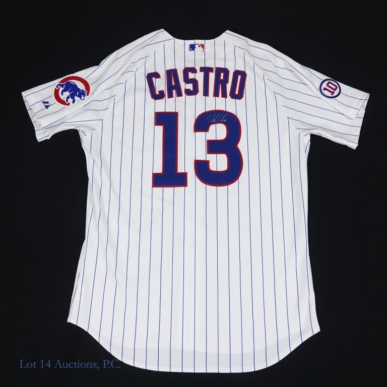 Cubs Starlin Castro Signed Team Issued Jersey: Size 48 Majestic jersey bearing a label in the collar with the following data "13 48 '11 S1". We believe this label indicates this is a team issued jersey from the 2011 season. The jersey has