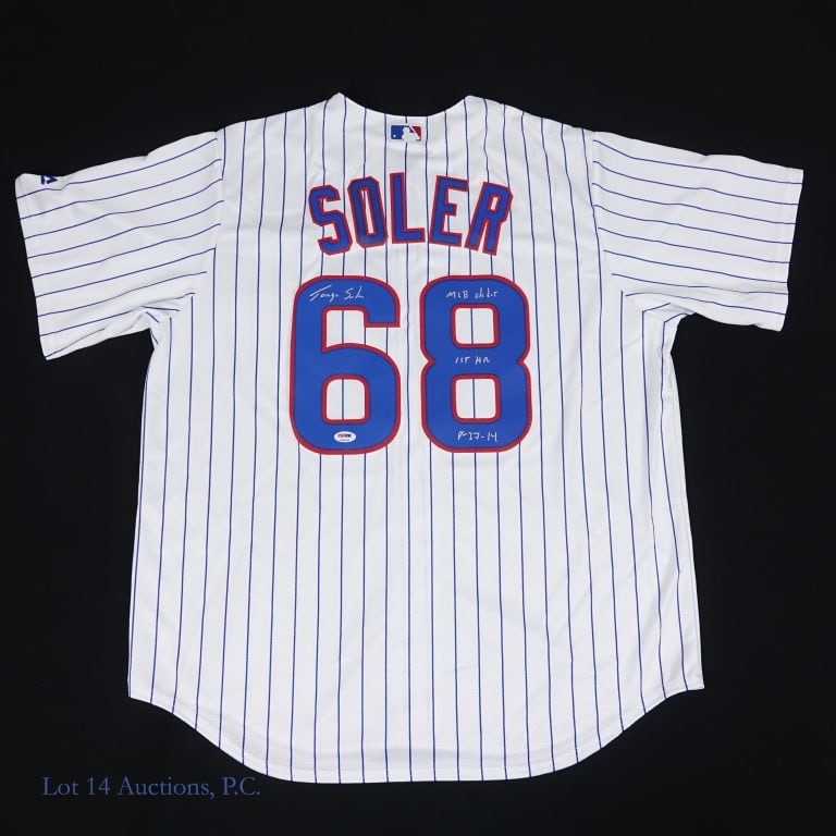 Cubs Jorge Soler 1st HR Signed Jersey PSA COA: Size XL Majestic jersey with tags that has been signed by Jorge Soler. Soler signed on the back side of the jersey and added the inscription "MLB Debut 1st HR 8-27-14" reflecting his fete of