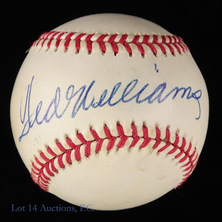 Ted Williams Signed Baseball (PSA LOA): Official American League (Brown) baseball signed across the sweet spot of Ted Williams. Williams signed with a blue ballpoint pen and the signature has been authenticated by PSA/DNA. The