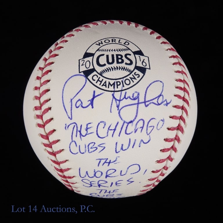 Cubs Pat Hughes 2016 WS Final Call Baseball: Official Major League (Manfred) baseball signed by Cubs announcer Pat Hughes. Hughes inscribed the baseball with his final call announcing the Cubs have won the World Series. The signature and